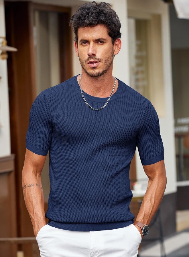 COOFANDY Mens Short Sleeve Under Blazer Shirts Casual Vacation Knit Tee Shirt Crew Neck Tshirts Navy Blue - Image 2